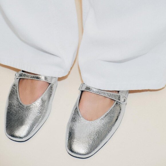 NWT Zara Silver Metallic Effect Slingback Ballet Flats Mules Slides Women 38 7.5 - Picture 3 of 14